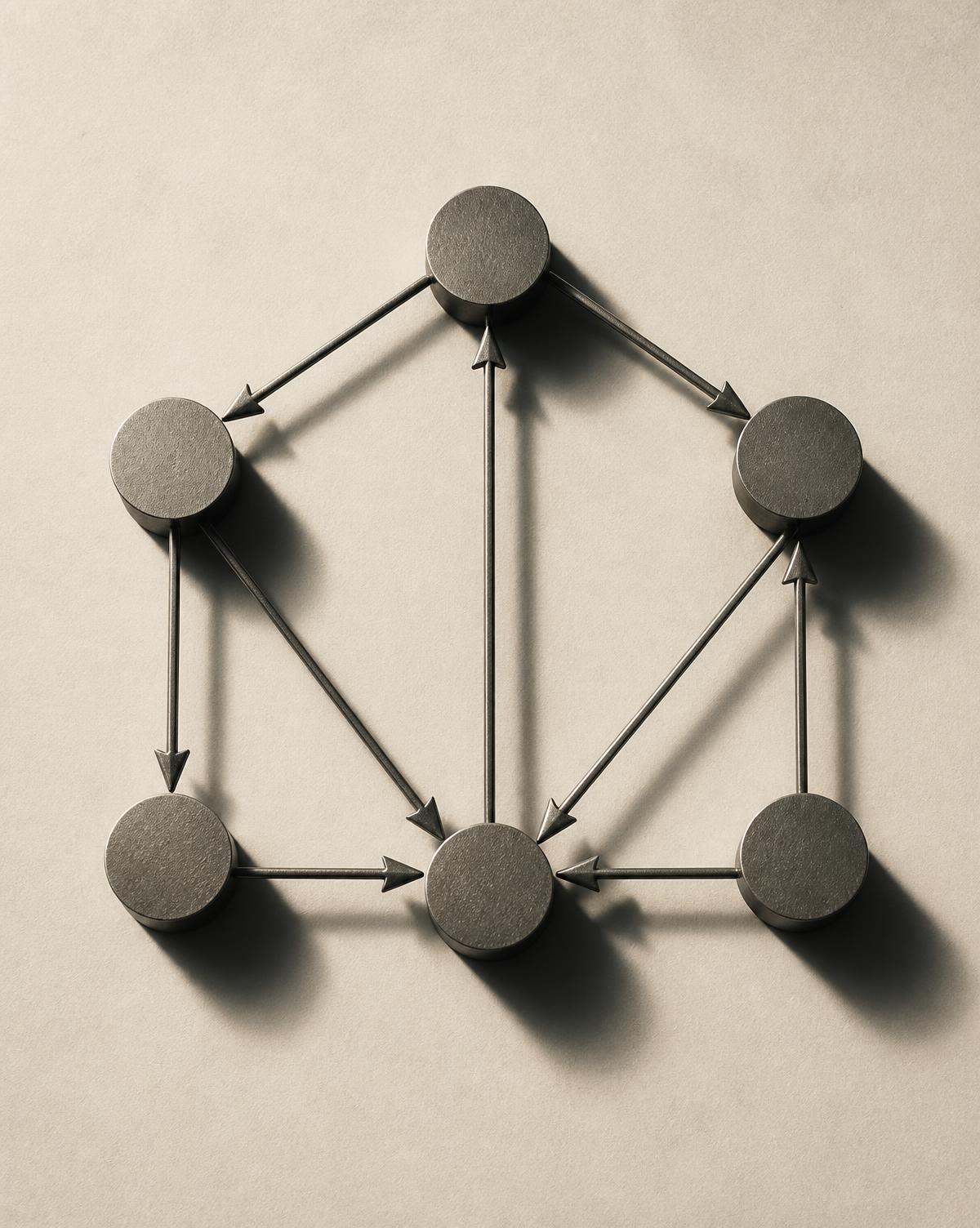 Six machined steel nodes connected in a directed graph