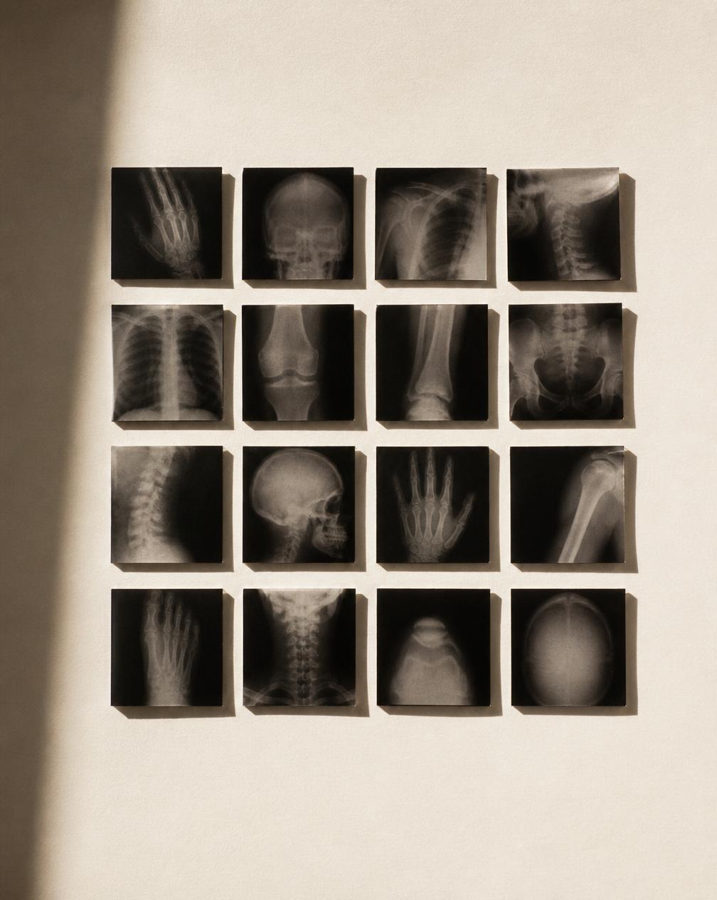 Grid of monochrome radiographic film squares on paper